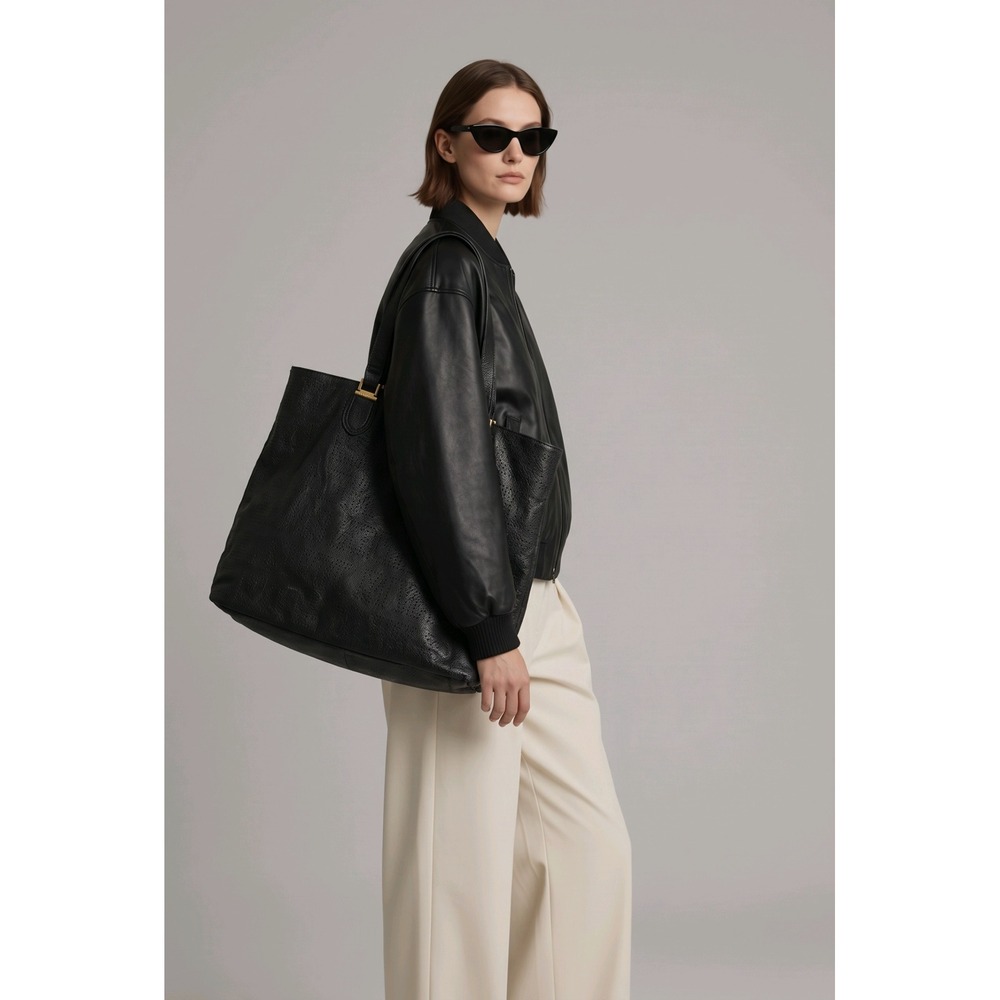 Steve Madden Black Perforated Logo Tote Bag Gold Hardware Oversized Carryall